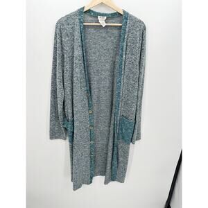 Bibi Cardigan Women XL Blue Faux Button Open Front Long Sweater Rayon‎ Blend